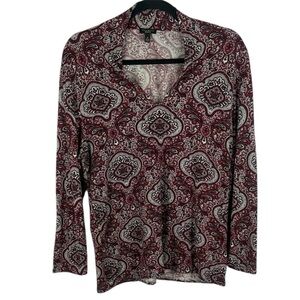 Talbots Burgundy Paisley V-Neck Long Sleeve Top - Size Medium